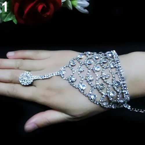 

Fashion 2017 Silver Women's Wedding Crystal Hand Harness Finger Cuff Bracelet Dancing bracelets bangles 4T8V