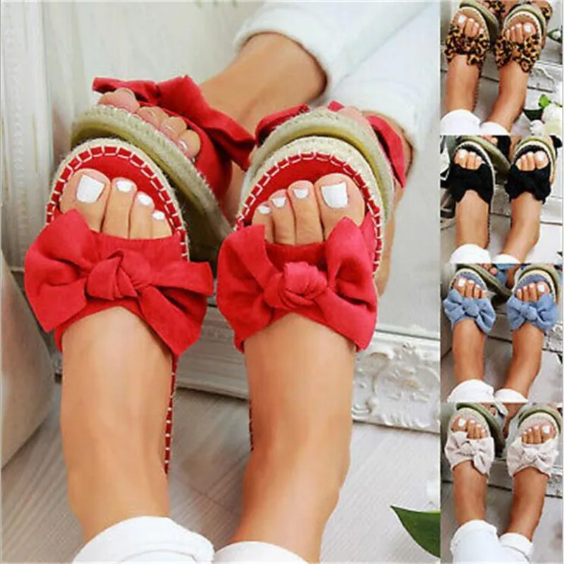 

New Womans Slip On Sandals Bow Flat Mule Leopard Linen Hemp Summer Sliders Espadrille Shoes Sizes