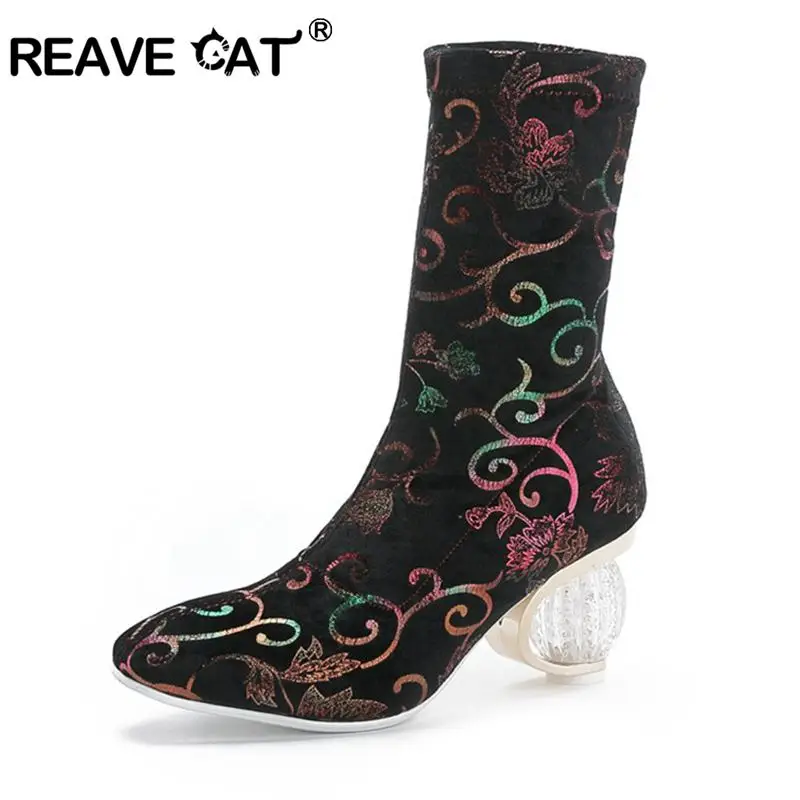 

REAVE CAT 2019 Spring Autumn stretched sock boots flower print Transparent clear Heels Women Mid-Calf Boots Party Shoes Big Size