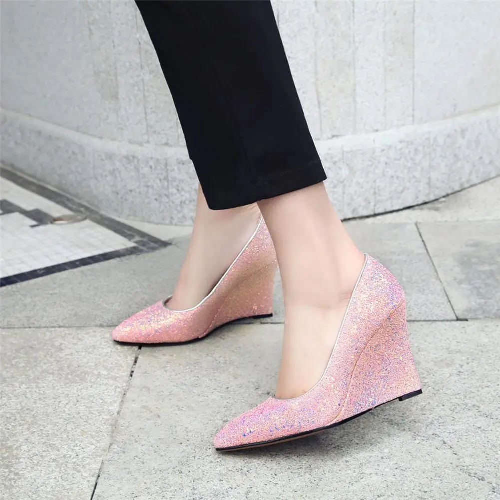 

Fashion Bling Luxury Shoes Woman Pumps Female Pointed Toe Slip On Wedge High Heels Party Pumps Woman Shoes Women