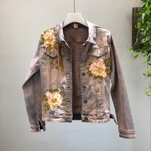 Осенняя Новая модная джинсовая женская куртка с объемными цветами и бусинами, Ретро стиль, короткие эластичные джинсовые куртки, пальто