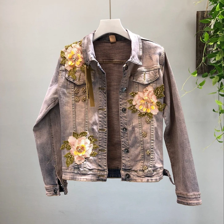 Rétro Bleu Femme Élastique Lourd Perle Vestes Mode Style Court Veste Trois Fleurs De Dimensions Denim Nouvelle Chute 2018 Jeans Manteaux qUzVLMpGS
