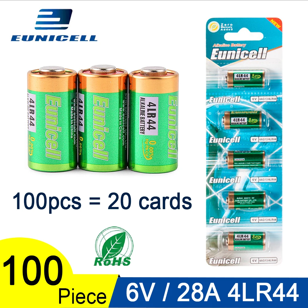 

100pcs=20 cards Eunicell 6V 4LR44 Battery 4A76 A544V 4034PX PX28A L1325 4AG13 6 VAlkaline Duty Battery Primary and Dry Batteries