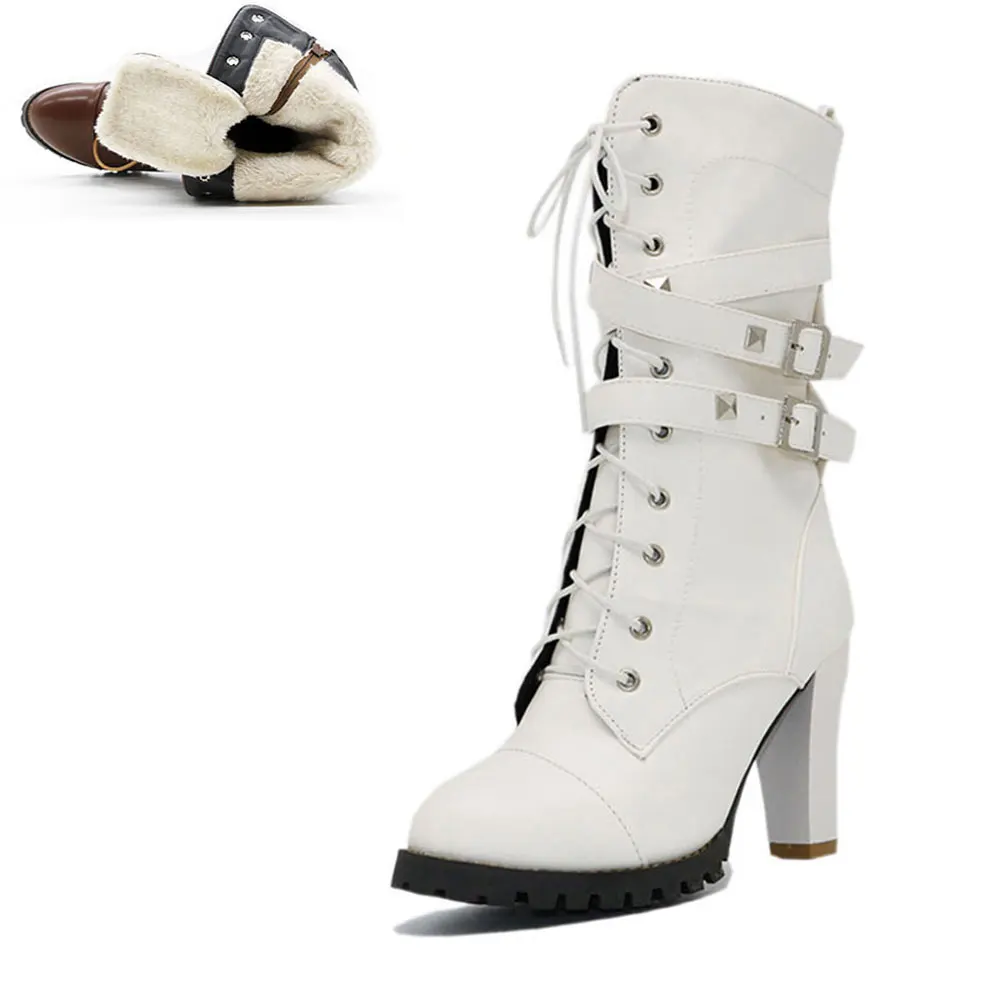 SARAIRIS/мотоботы с заклепками в стиле панк размера плюс 33-48, женские зимние меховые ботиночки, Женская Осенняя обувь на платформе и высоком каблуке - Цвет: white add fur1