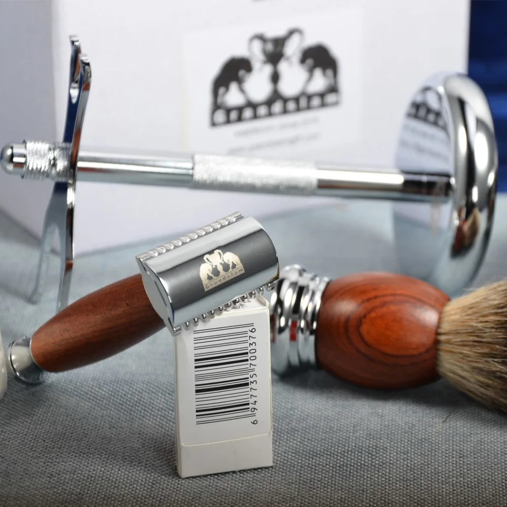 Grandslam مجموعة الحلاقة مزدوجة حافة شفرة الحلاقة الآمنة الرجال الغرير فرشاة شعر حامل خشبي القدح كريم عاء الصابون كيت أفضل الرجال هدية