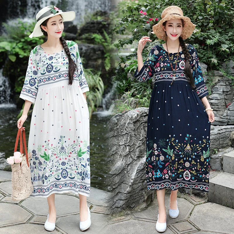 

Uego Cotton Linen Thin Soft Loose Beach Casual Dress Print Floral Summer Dress Plus Size Women Prairie Chic Midi Party Dress