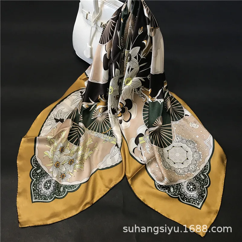 Шелк квадратный атласный платок вентилятор цветочный узор роскошные женские пальто Шарфы Шаль модный хиджаб пончо 110*110 см