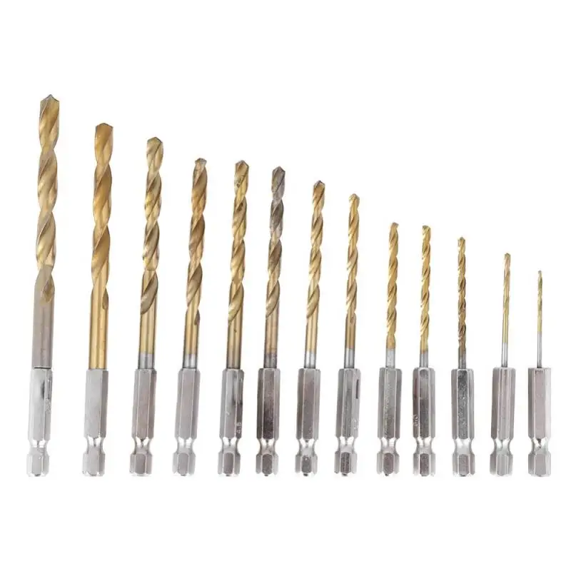 

13Pcs/lot 1.5-6.5mm High Speed Steel Titanium Coated Twist Drill Bits Set with Hexagonal Handle Deep Hole Drilling Wood Drilling