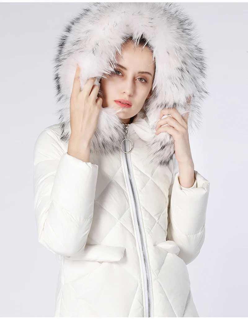 YNZZU брендовый женский пуховик зимнее роскошное Элегантное длинное пальто на утином пуху женское теплое белое пальто с капюшоном и натуральным мехом YO672