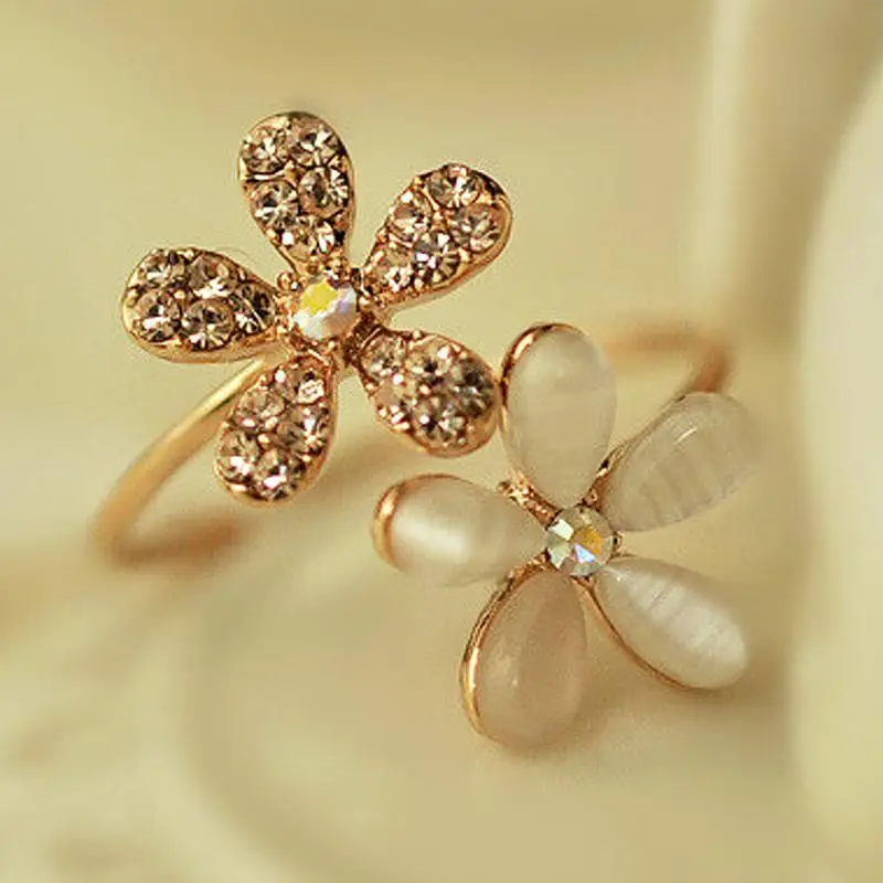 

1Pcs Charm Dazzling Rhinestones Ring Full Opal Double Five Flowers Wedding Rings For Women Fashion Jewelry Gift Hot