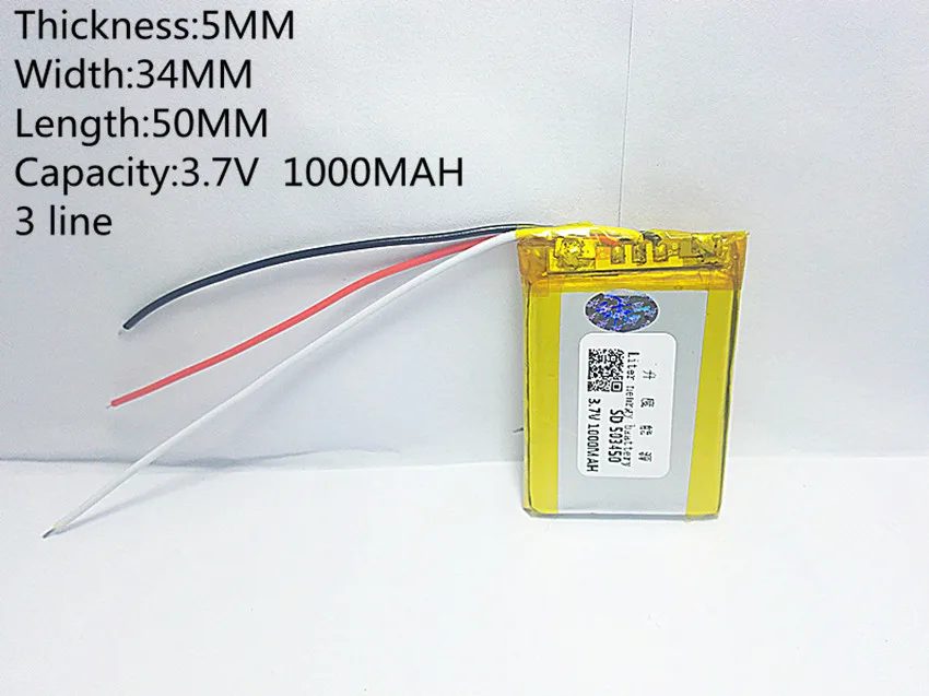 3 line 3.7V,1000mAH,[503450] PLIB; polymer lithium ion / Li-ion battery for GPS,mp3,mp4,mp5,dvd,bluetooth,model toy