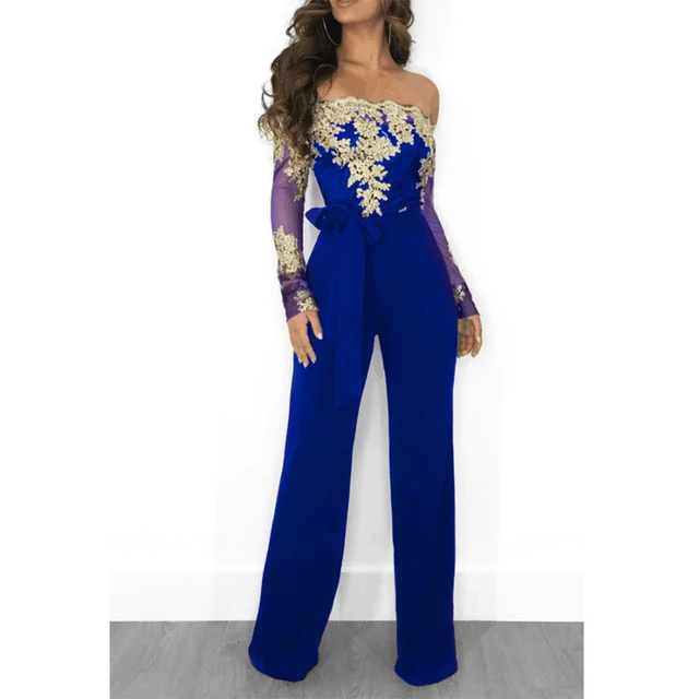 Mono de encaje con apliques para mujer, peto Sexy con hombros descubiertos y cuello de barco, mono de manga larga para mujer, mono con pernera ancha 3XL elegante Mono de encaje con apliques para mujer, peto Sexy con hombros descubiertos y cuello de barco, mono de manga larga para mujer, mono con pernera ancha 3XL elegante