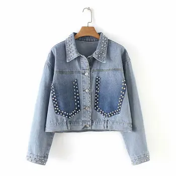 

Spring Summer Women's Harajuku Blue Denim Jacket Hand Beaded Rivet Short Jeans Jackets Pockets Students Basic Coats Outfit
