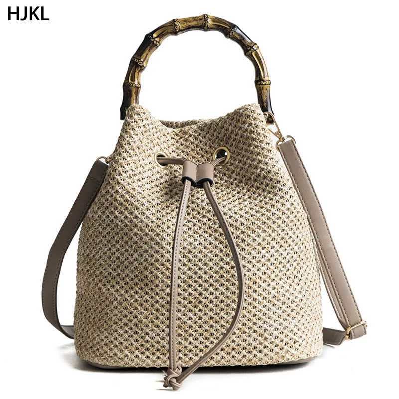 

HJKL Women Handbag Messenger Bucket String Beach Bags Shoulder Crossbody BagsTote Summer Knitting Straw Bag Female Bamboo bags