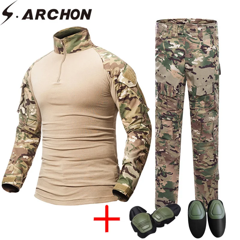 

S.ARCHON Military Camouflage Tactical Uniform Set Men US Army Soldier Paintball Clothes Suit Combat Shirts Cargo Pants Knee Pads