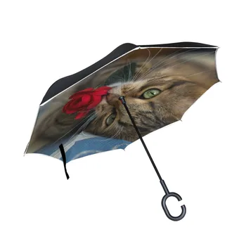 

Cat and Rose Printed Reverse Umbrella Creative Modern Upside Down Reverse Umbrella C-Handle Double Layers Inside-Out Paraguas