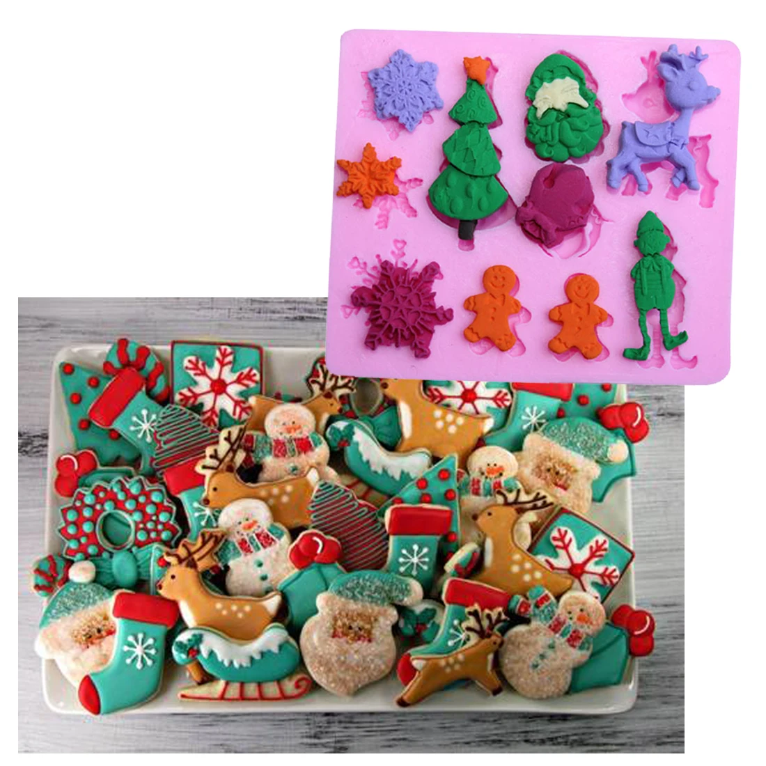 

Good 3D Christmas Theme Snowflake Xmas Tree Gingerbread Man Santa Claus Reindeer Elf Chocolate Cake Decor