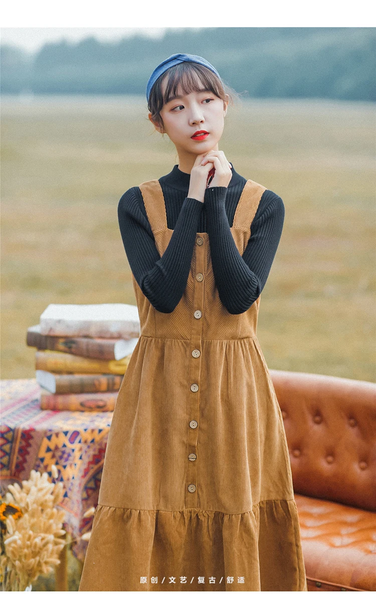 Японский сарафан Mori girl, осенне-зимняя теплая одежда, женский жилет без рукавов, Длинные вельветовые платья на бретельках, S-XL