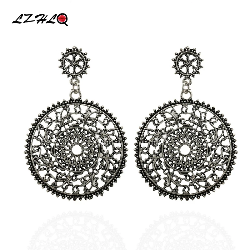 

Vintage Drop Earrings Ethnic Carving Metal Silver Plated Maxi Round Hollow Earrings Women Geometric Dangle Jewelry Accessories