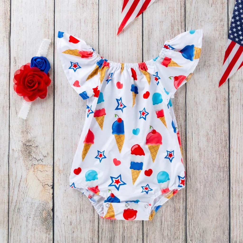 

MUQGEW Girls Romper Holiday Clothing for Children 4th Of July Fly Sleeve Stars Print Romper+Headbands Star Outfit ropa bebe