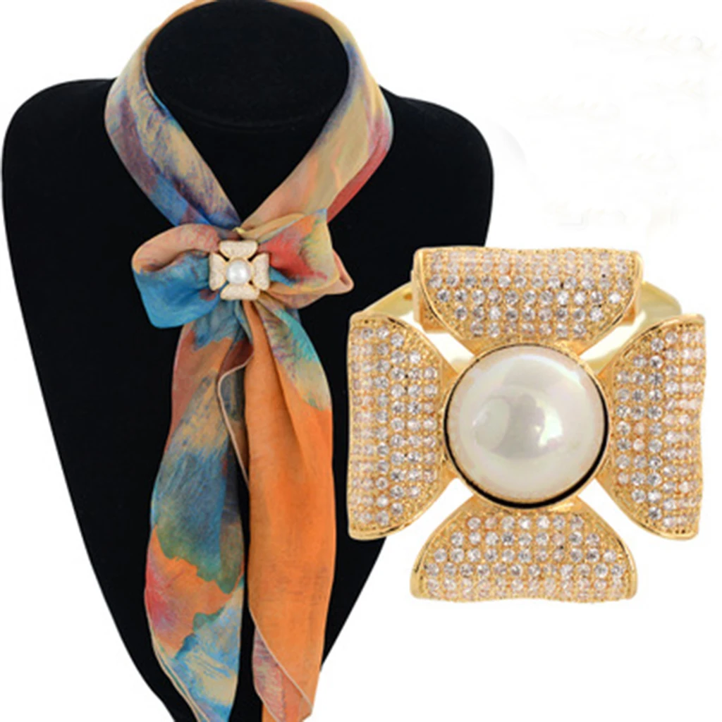 Luxury Rhinestone Flower Pearl Scarf Buckle Brooch Holder Elegant