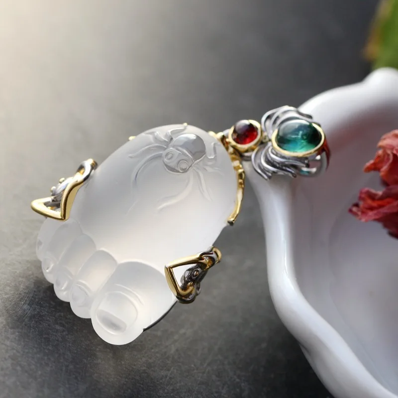 

With natural tourmaline crystal silver pendant Happiness consists in contentment retro 925 sterling silver pendant