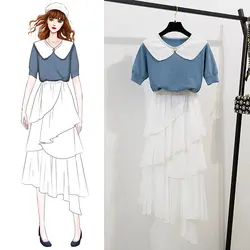 2019 летний женский комплект из 2 предметов, свободная футболка с коротким рукавом + юбка миди из шифона, костюм из двух предметов, милая