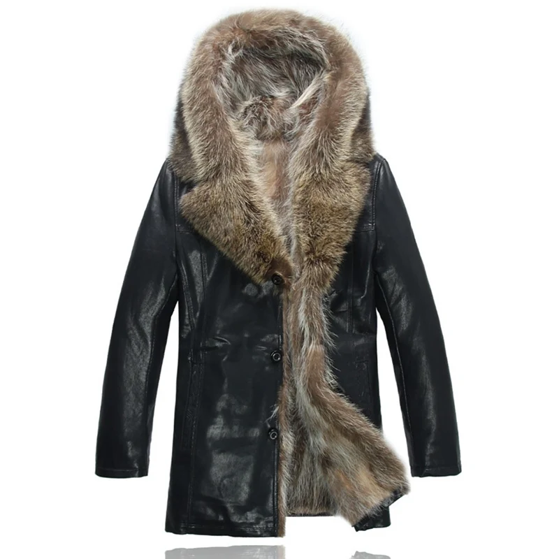 Freeshipping Winter Fashion Men's Coats Raccoon Fur PU Leather Jacket Hat Keep Warm Leather Jackets Man High Quality Hot Sale VS