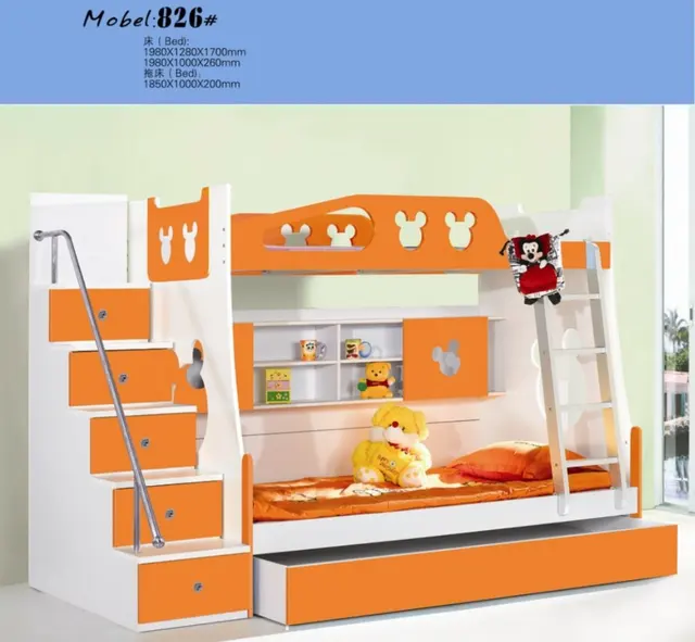 MDF Panels Children Bed Full New Bunk Bed with Stairs Orange Colourin Children Beds from