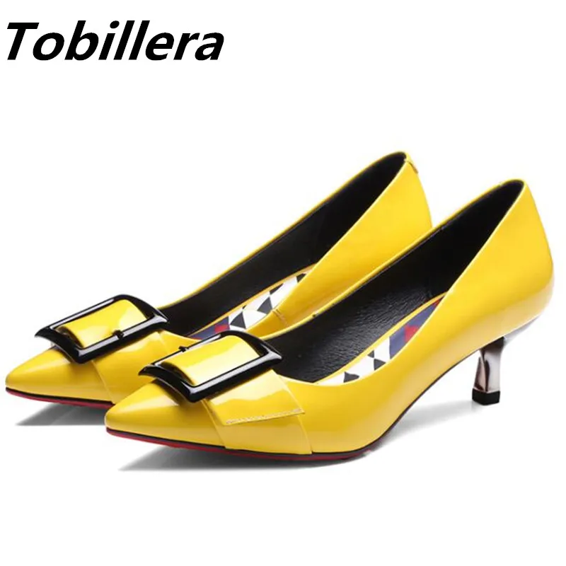 

Tobillera Spring Summer Thin Low Heels Shinny Patent Leather Dress Shoes Fashion Buckle Upper Pointed Toe Yellow Gray New Pumps