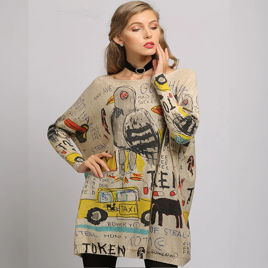 2019 Plus size Women Sweater Cartoon Printed Long Sleeve Tops O-Neck Lovely Pullovers Knitted Loose Sweaters Femel Knitwear | Женская