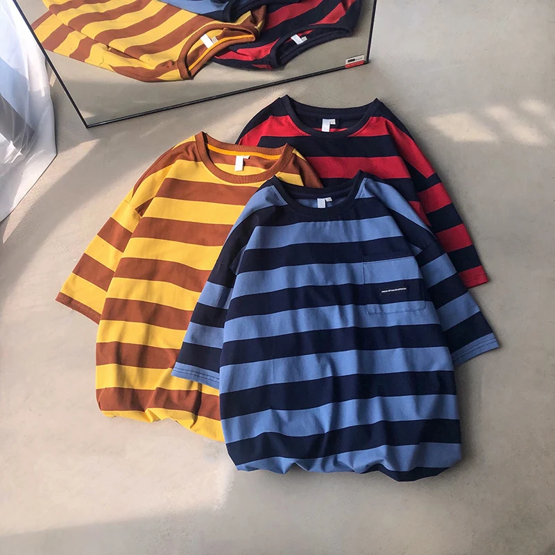 

Fashion Color Male T-Shirt Pocket Stripe Men's T-Shirts O-Neck Pink Blue Green Yellow Red Short-Sleeved T-Shirt