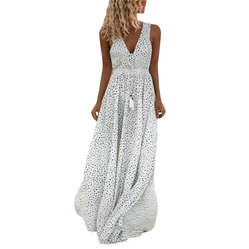 New Fashion Women Summer Sleeveless Dot Print Tassels Deep V Neck Long Maxi Dress Elegant Ladies Casual Party Vestidos #4R09   (2)