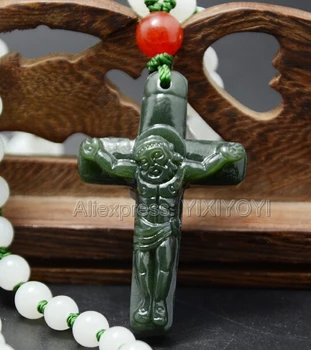 

Beautiful Natural Dark Green HeTian Jade Carved Amulet Jesus Cross Lucky Pendant + Free Beads Necklace Certificate Fine Jewelry