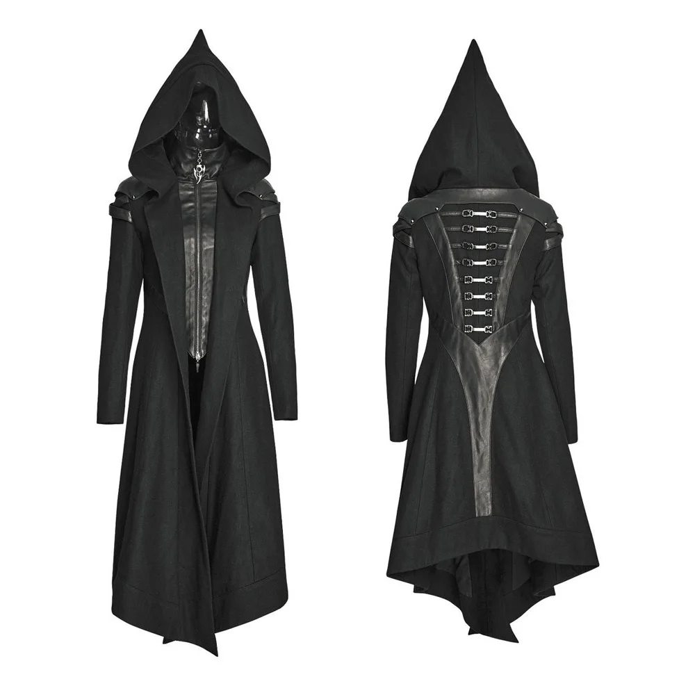 Женское панк пальто с капюшоном Черное длинное в стиле стимпанк Y611 S M L|long jacket|womens
