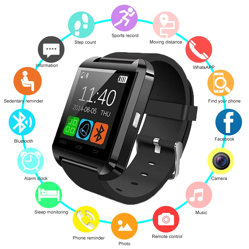 

2019 New Bluetooth U8 Smart Watch Smartwatch U80 for IPhone 6 / 5S Samsung S6 / Note 4 HTC Android Phone Smartphones Android