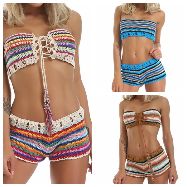 

IASKY 2019 New crochet colorful beach cover up skirts Knitted bikini swimsuit cover ups Beach Dresses