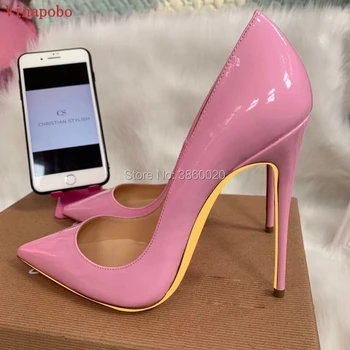 

2019 Pointed Toe Shallow Fashion High Heels Shoes Women Pumps Concise Pink Patent Leather Women Wedding Shoes Party female Shoes