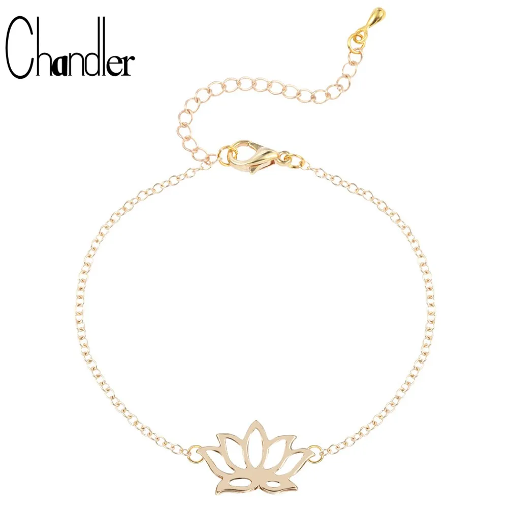 Chandler Simple Lotus Flower Chain Bracelet DIY Alloy Zinc Yoga Flora Sporty Link Chian Adjustable Anklet Trendy Summer Jewelry