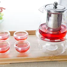 1х чайный набор кунг-фу из E-575ml стекла с заваркой из нержавеющей стали+ 4* чашка с двойными стенками+ подогреватель+ бамбуковый поднос