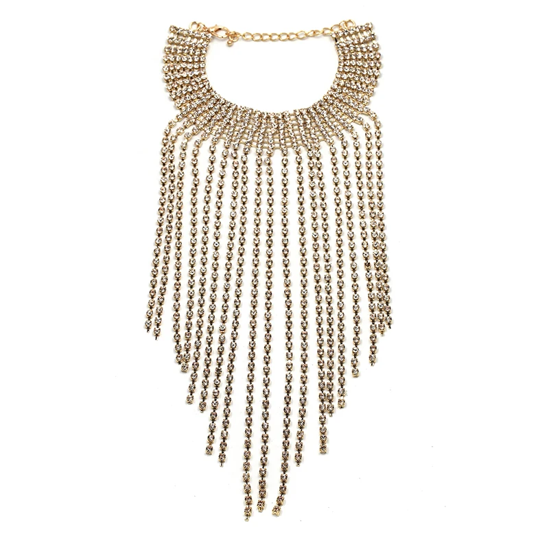 2017 Free Shipping fashion long crystal tassel necklace Europe costume chunky choker statement Necklaces jewelry women NHJJ1944