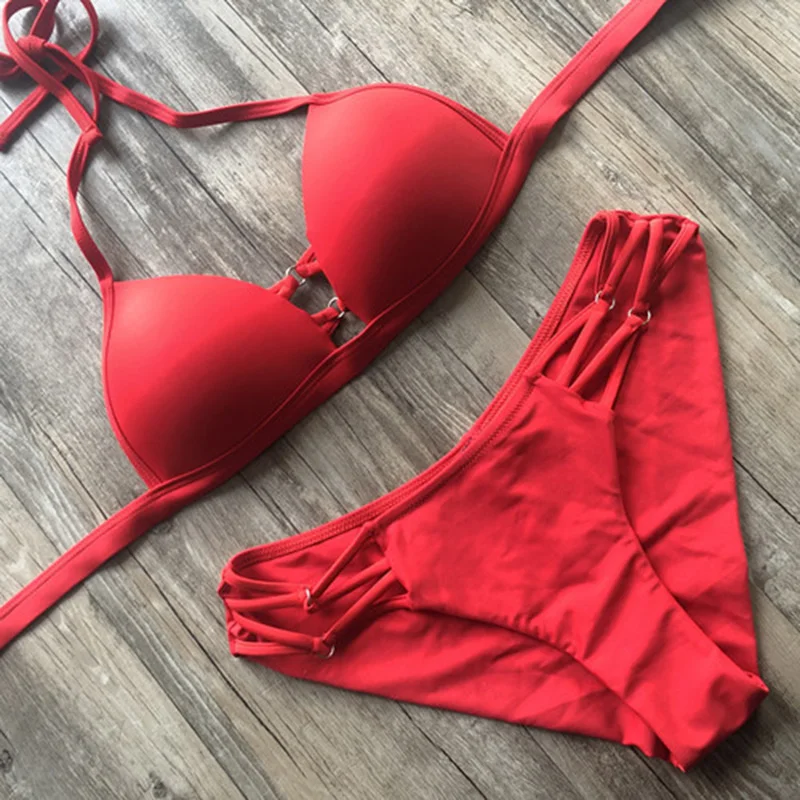 

QINJOYER Sexy Halter Swimsuit Women High Waist Bikini Set 2019 Red Biquini Push Up Swimwear Brazilian Bikini Swim Bathing Suit