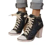 Vintage Dark Blue Women Denim Pumps Round Toe Square High Heels Lace Up Platform Ladies Espadrilles Fashion Studded Valentines