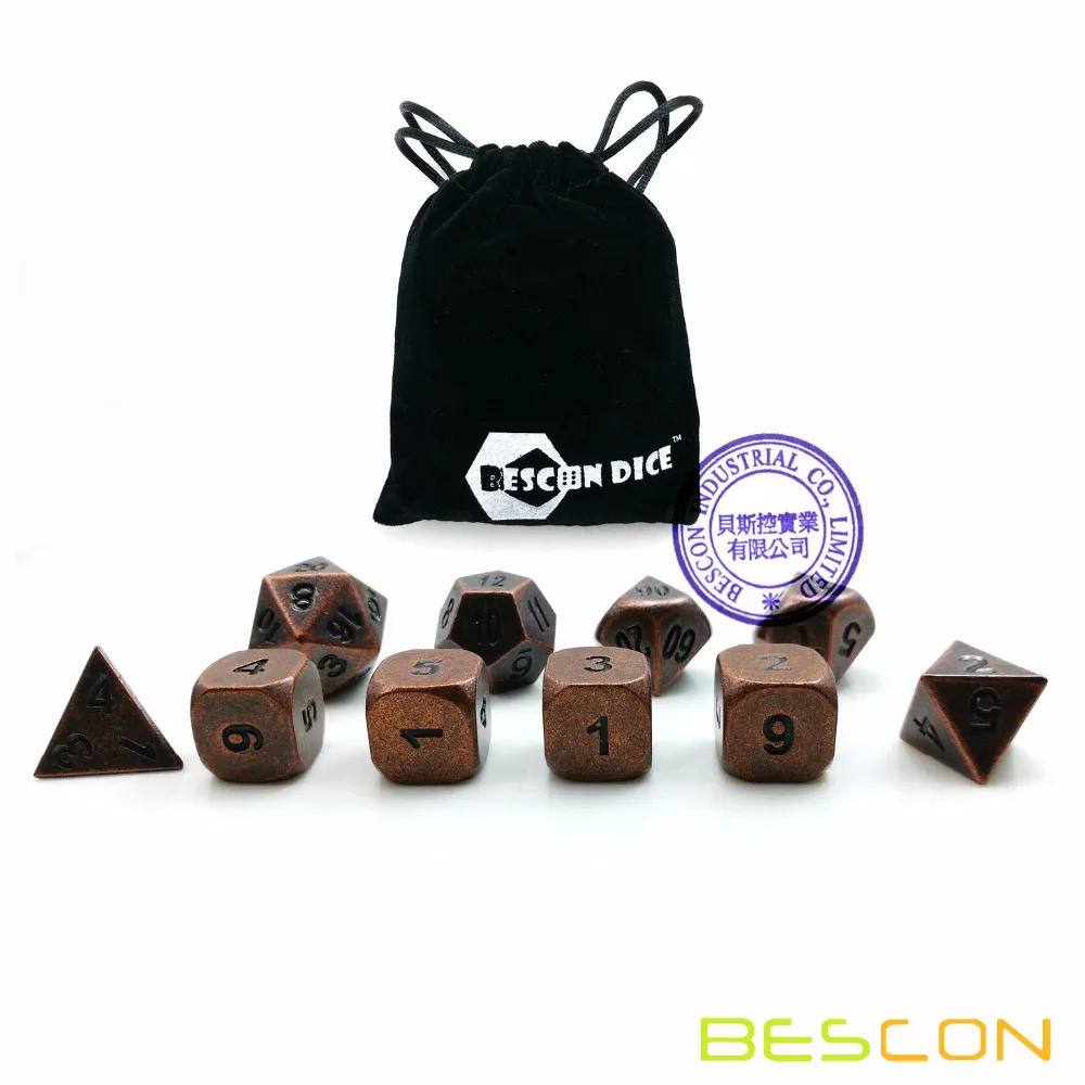 Bescon 10 шт. набор античных медных твердых металлических многогранных D& D игральных костей, набор старых медных металлических ролевых игр 7+ 3 дополнительных D6 s