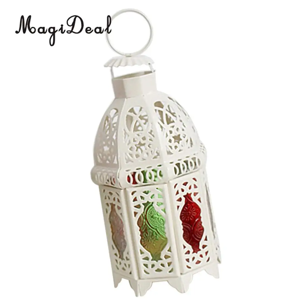 Moroccan Vintage Metal Hollow Glass Moroccan Hanging Tea Light Holder Candle Lantern Xmas Decor