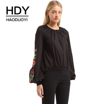 

HDY Haoduoyi Brand Women Black Embroidery Cotton Shirts Lantern Sleeve Hollow Out Collar Female Sexy Sweet Blouses Lady Tops