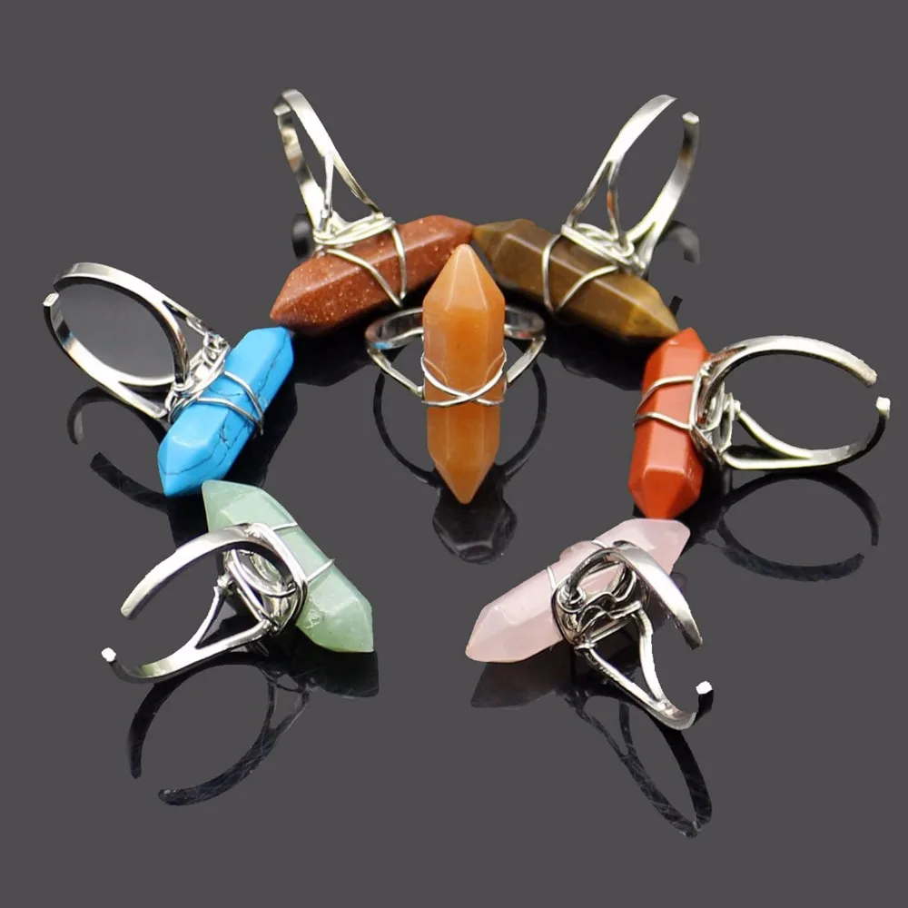 

Natural Amethysts Agates Quartz Turquoises Opal Stone Adjustable Rings Bullet Hexagonal Beaded Handmade Wire Wrapped Cuff Rings