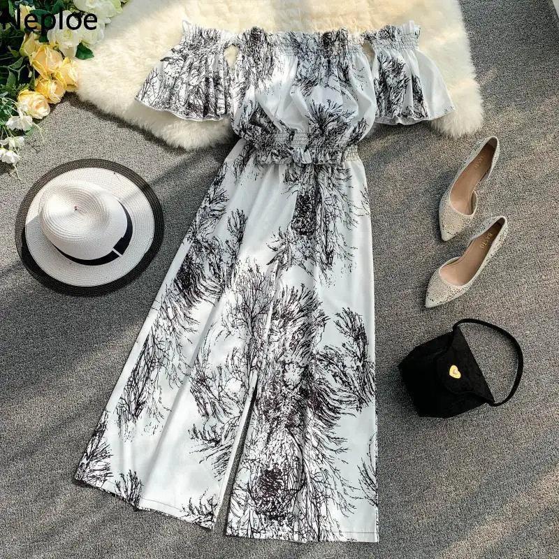 

Neploe Summer Women Two Piece Sets 2019 Flower Print Women Outfits Slash Neck Flare Sleeve Top+ Long Elastic Waist Pants 43118