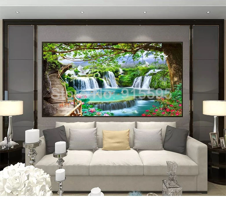Зеленый большое дерево водопад природа пейзаж настенная живопись пользовательские 3D фото обои для Гостиная ТВ фон росписи де Parede