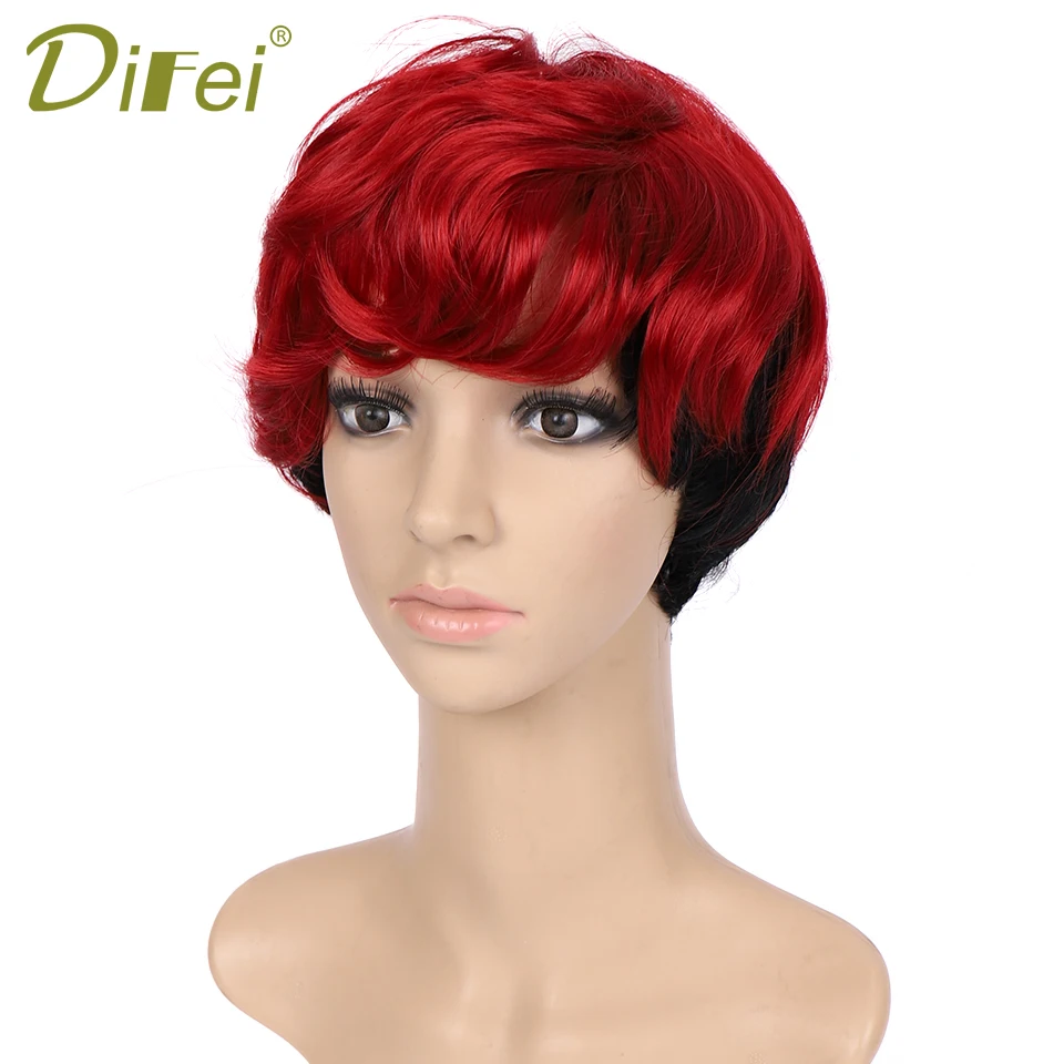 

DIFEI Short Red to Black Wigs Heat Resistant Synthetic Straight Cosplay Party Wig Free Wig Cap